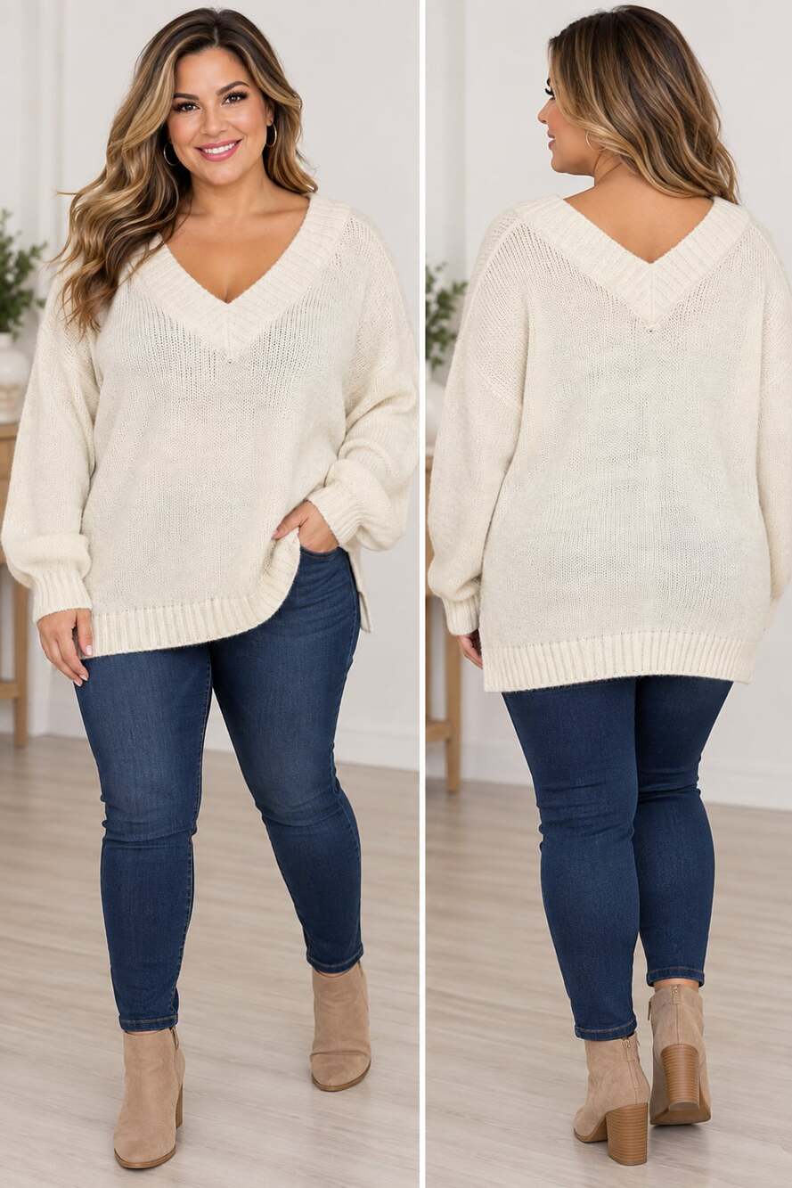 Old Navy V-Neck Sweater Size 2X Ivory Pullover Knit Long Sleeve